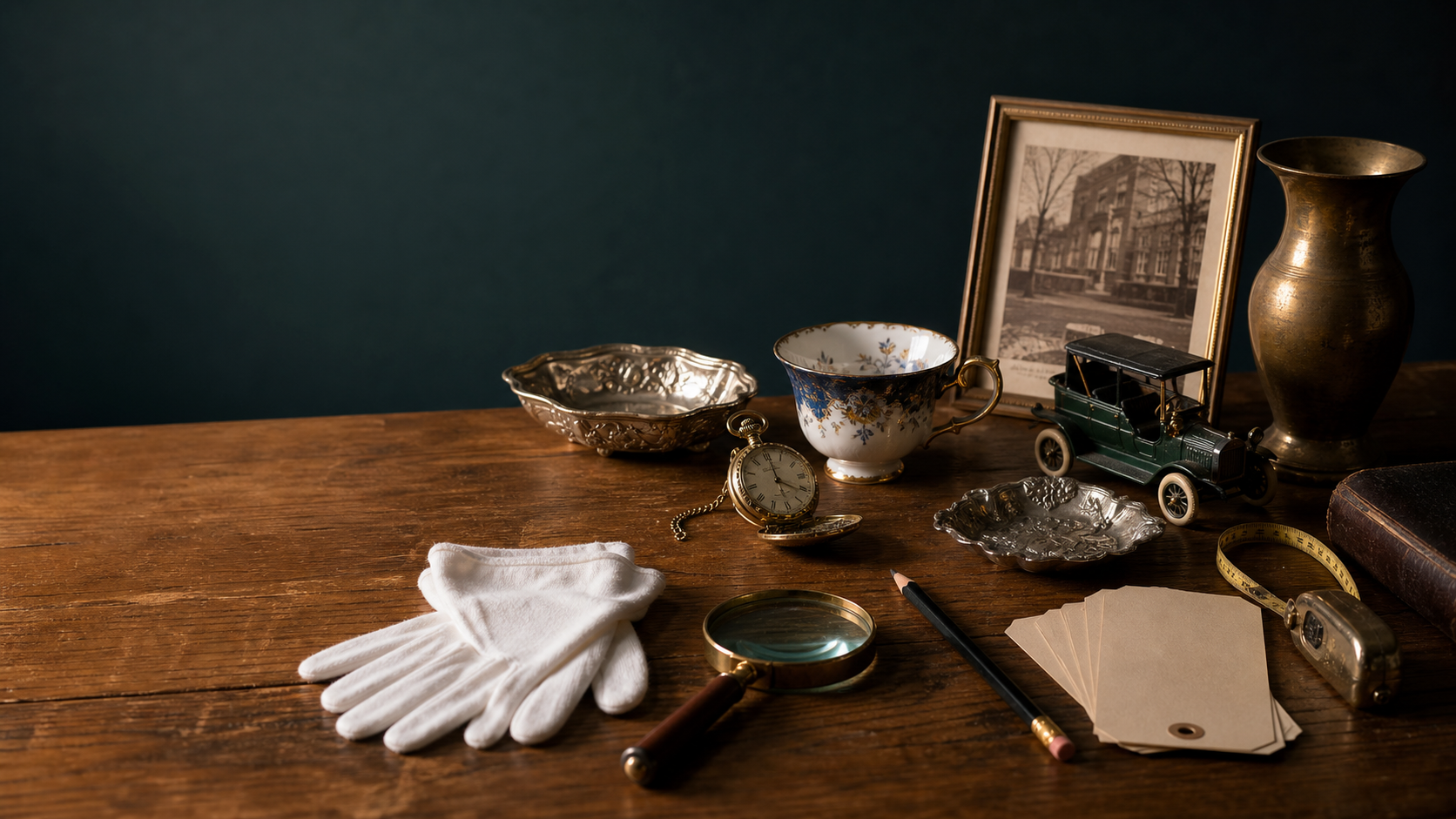 Antique objects, inventory cards, and an appraisal magnifying glass on a work table
