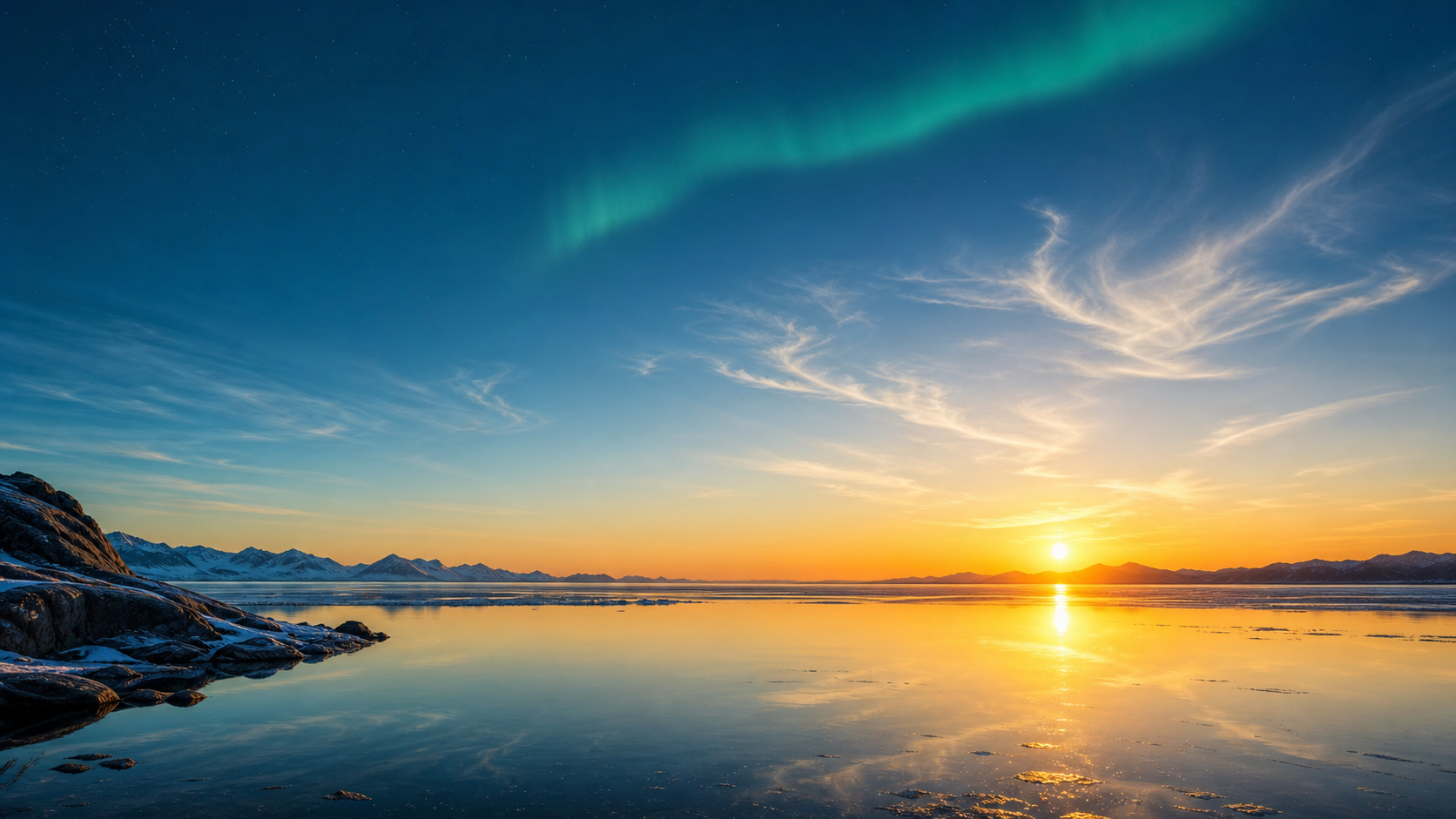 Midnight sun over calm northern water